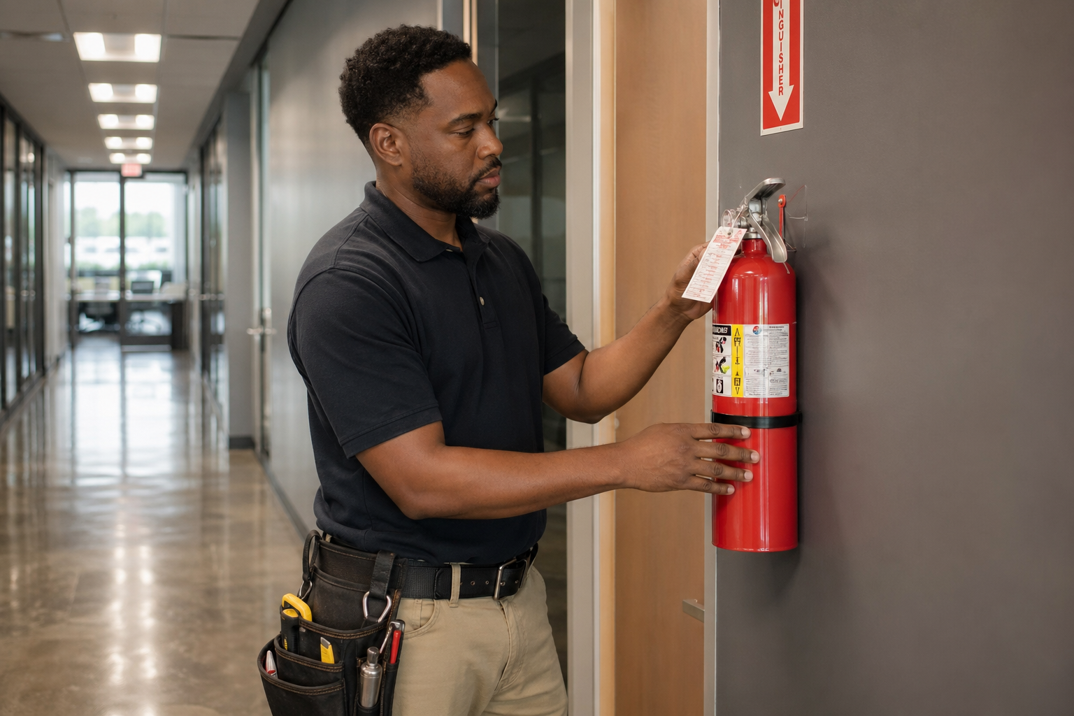 Building maintenance technician with toolbelt inspecting fire extinguisher in commercial facility